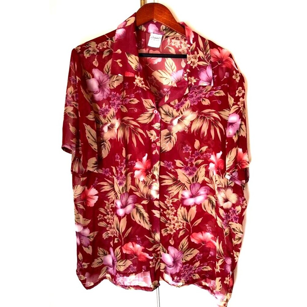 Haband Womens Button Up Shirt Multicolor Floral Short Sleeve Collar Sheer XXL